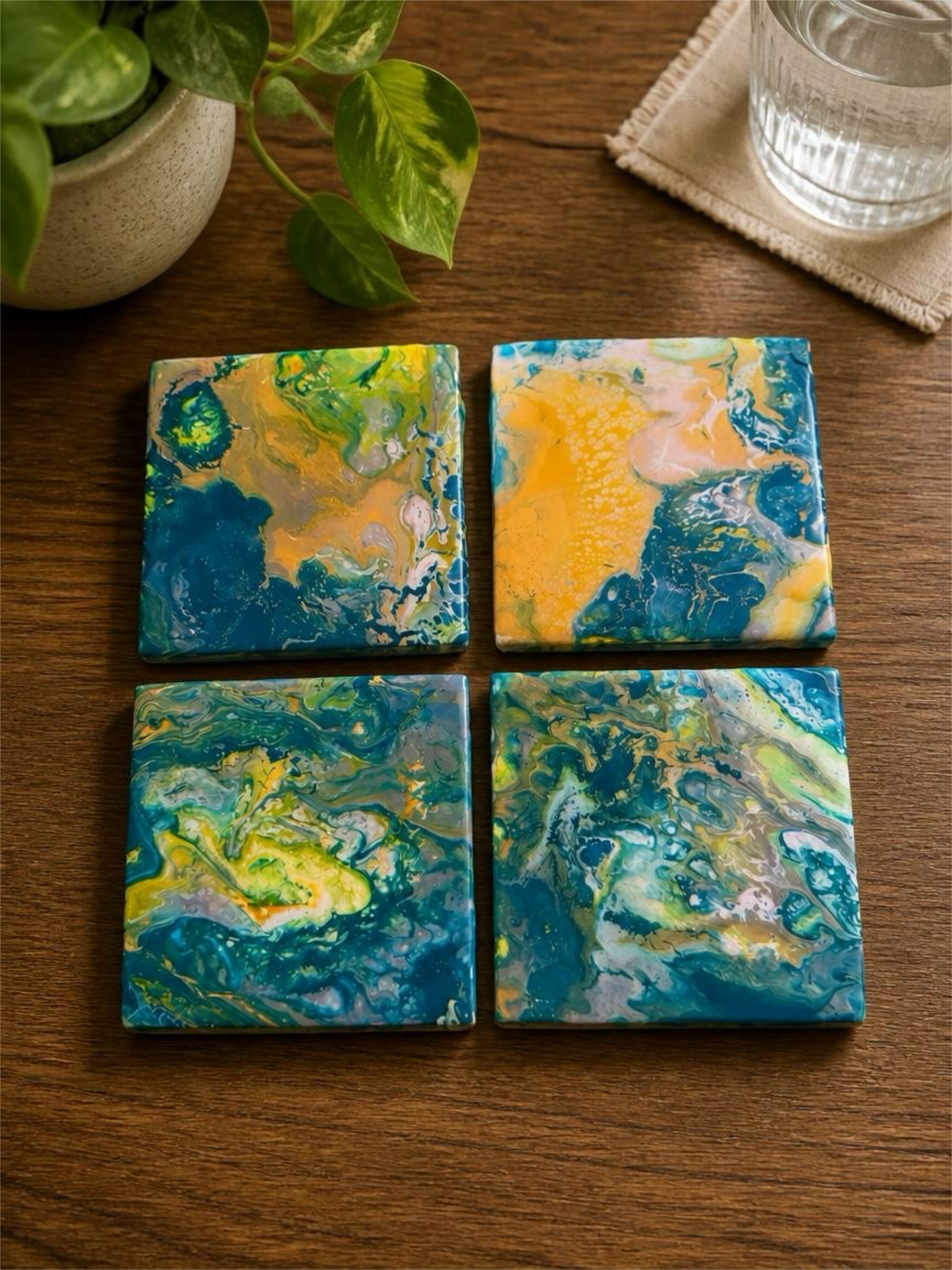 "Sun-Drenched Shore" Artisan Resin Coaster Set