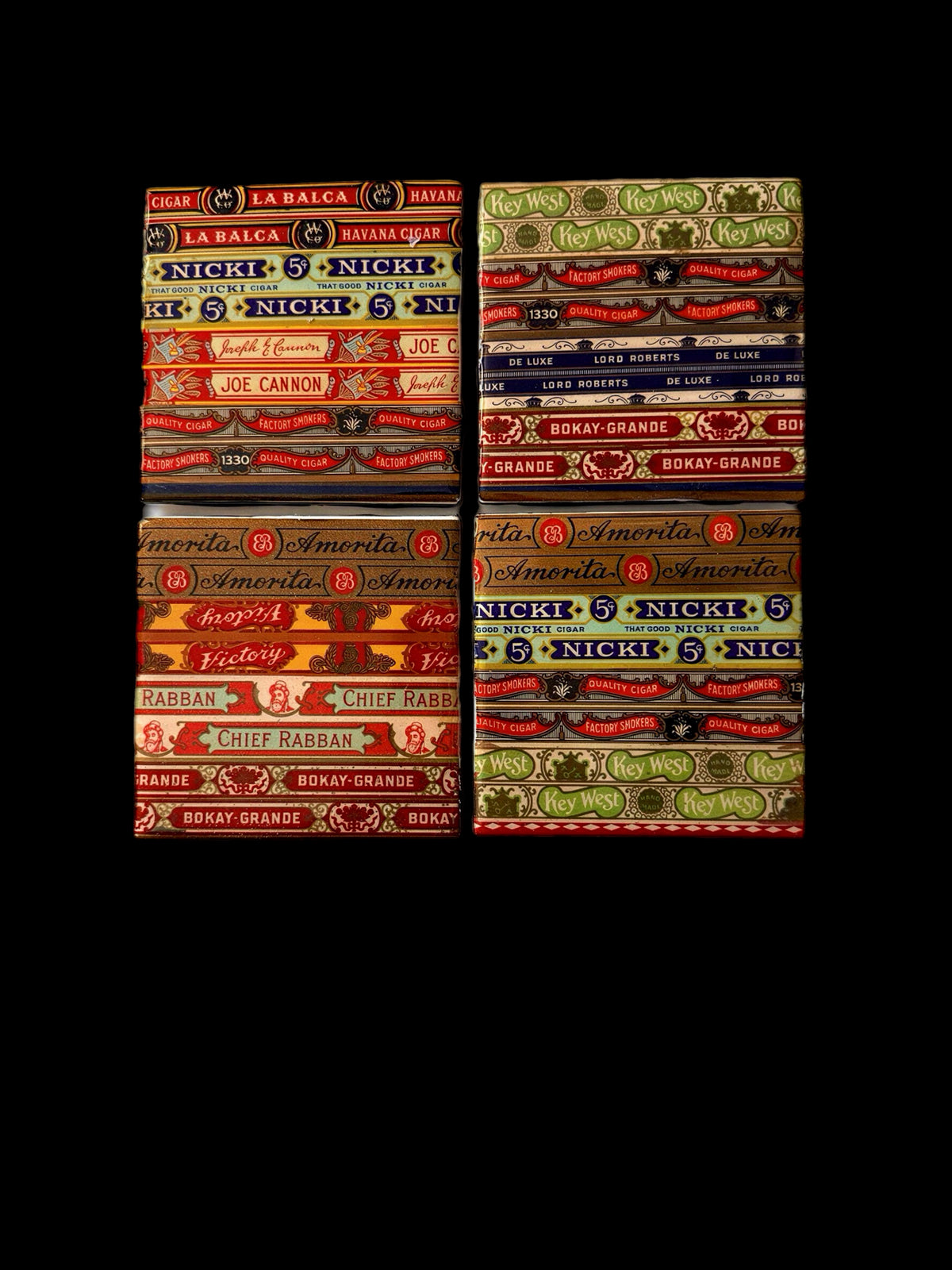 Vintage Cigar Box Band Collage Resin Coaster Set (4-Piece)