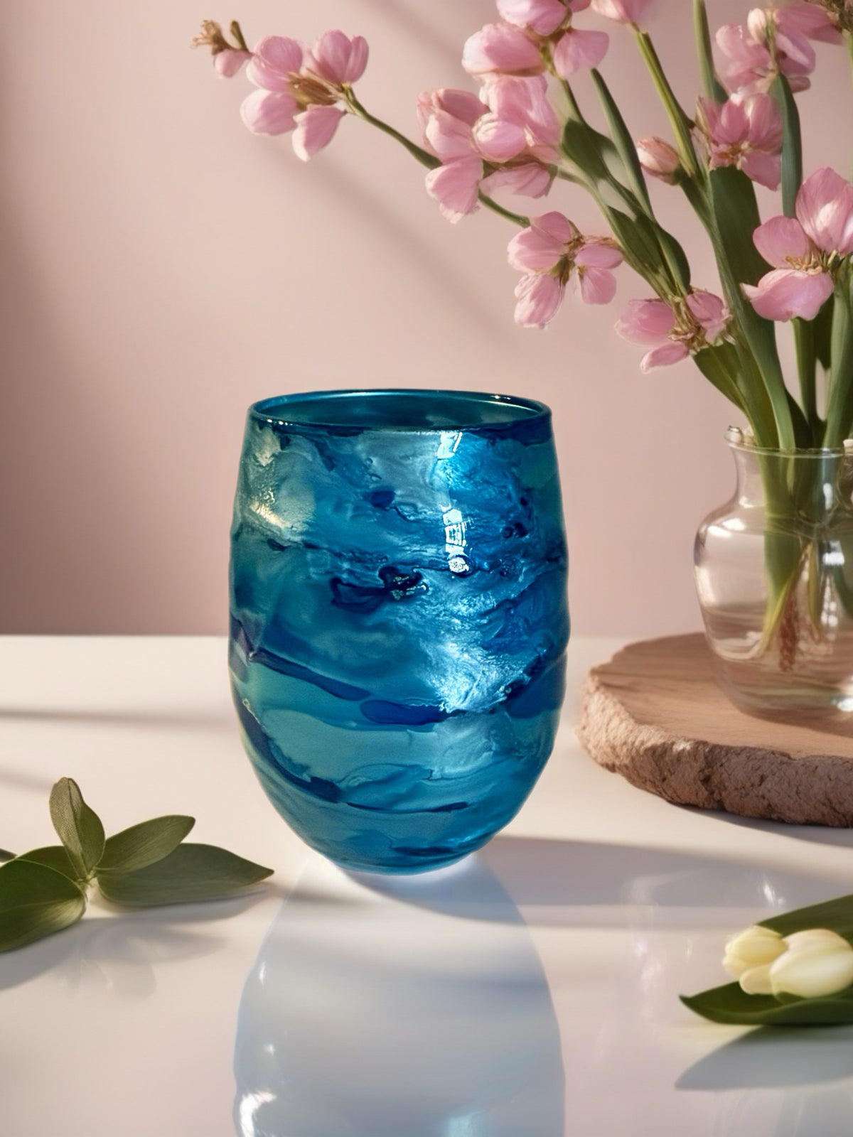 Ocean Current Textured Hand-Painted Stemless Wine Glass