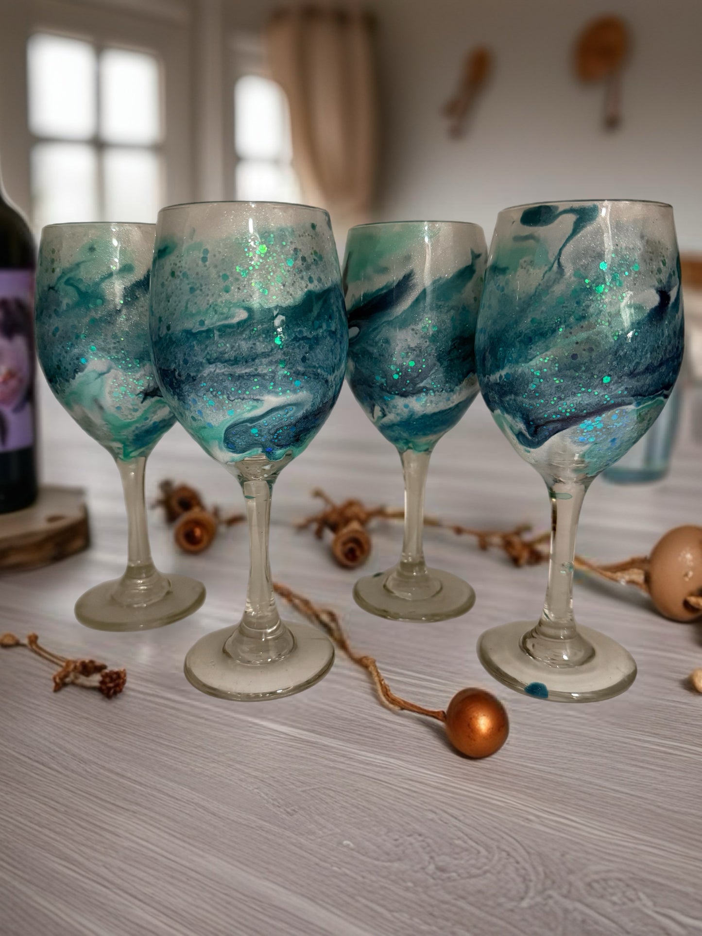 Teal Ocean Wave Glitter-Infused Hand-Painted Wine Glass