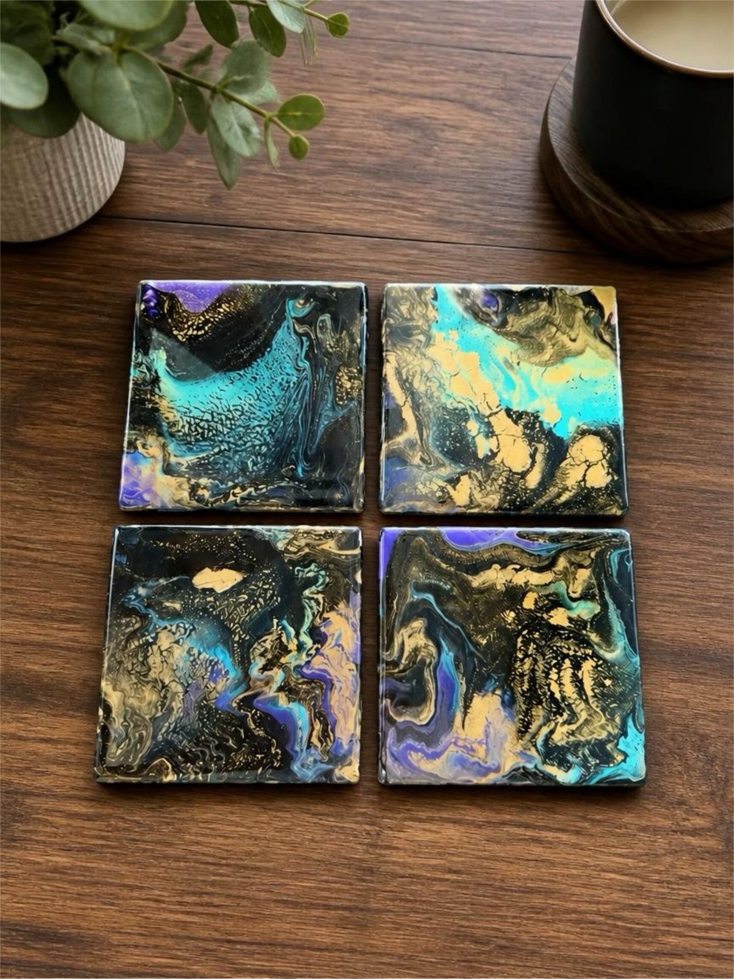 Celestial Nebula Metallic Fluid Art Set of 4 Coasters