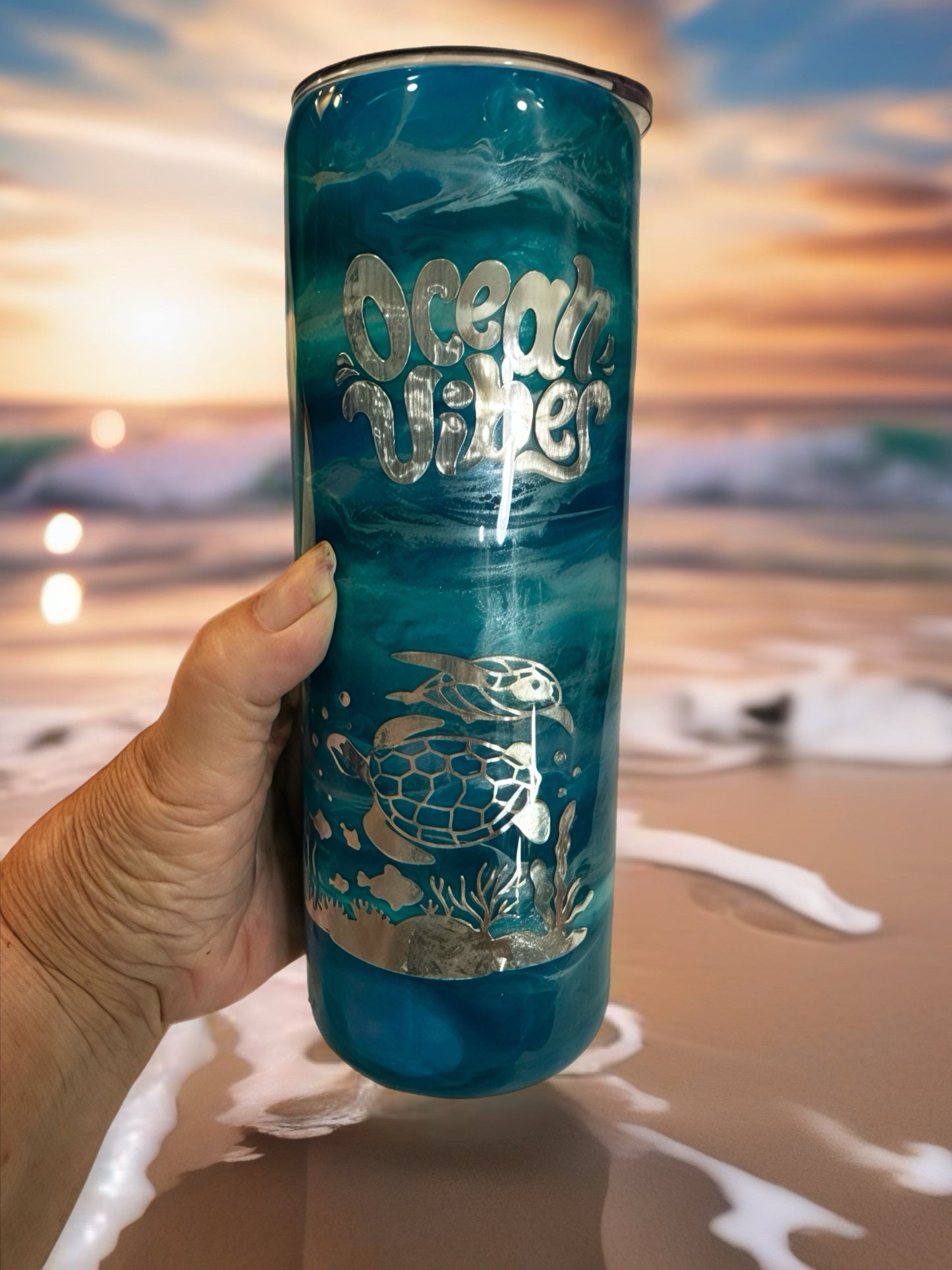 "Deep Sea Turtle" Silver & Teal Swirl Tumbler