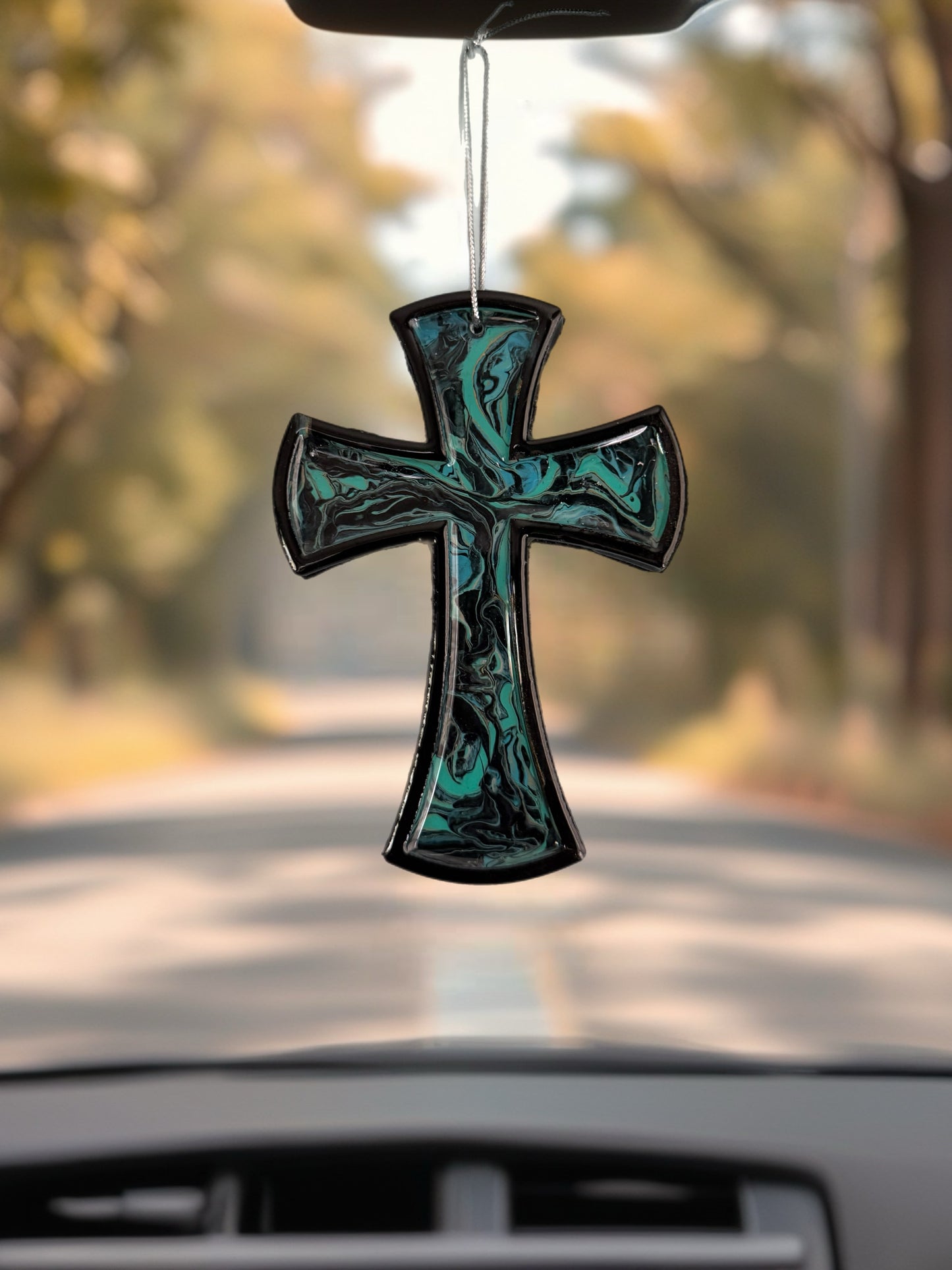 Enchanted Teal Fluid Art 5-Inch Wooden Cross