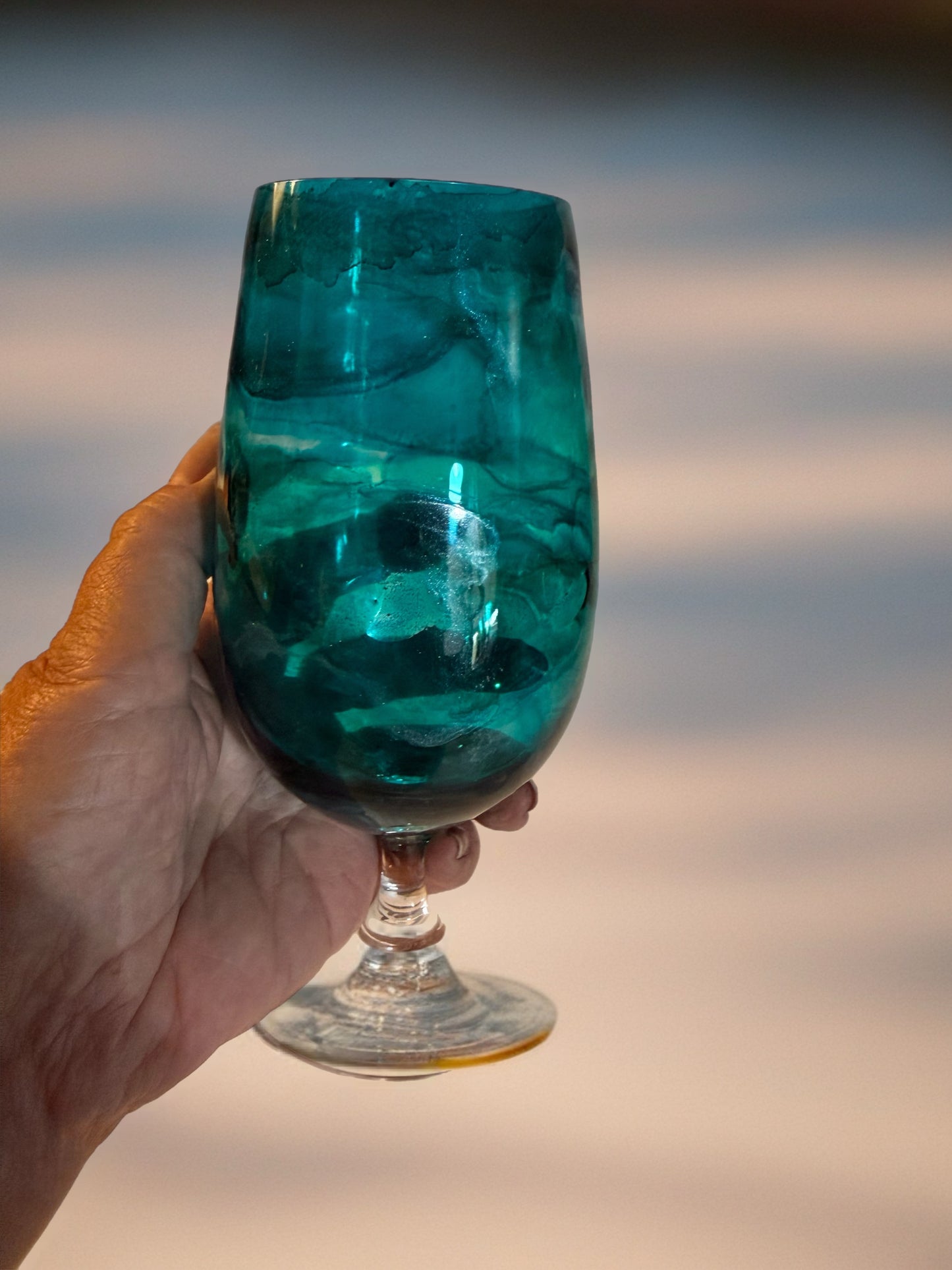 Handcrafted Blue Marbled Short Stemmed Wine Glass