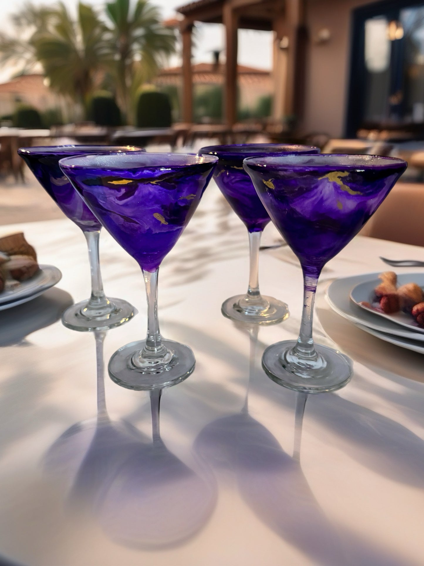 Royal Violet Marble Cocktail Set – Shaker with 4 Gold-Accented Martini Glasses
