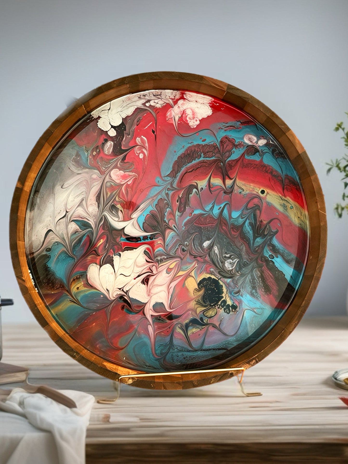 "Floral Tapestry" Artisan Resin Inlay Wooden 15 Inch Wood Tray