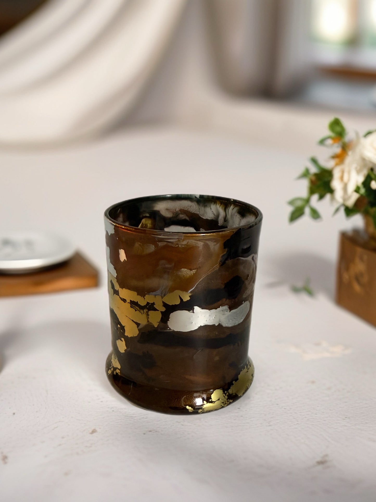 Hand‑Painted Bronze and Gold Whiskey Glass