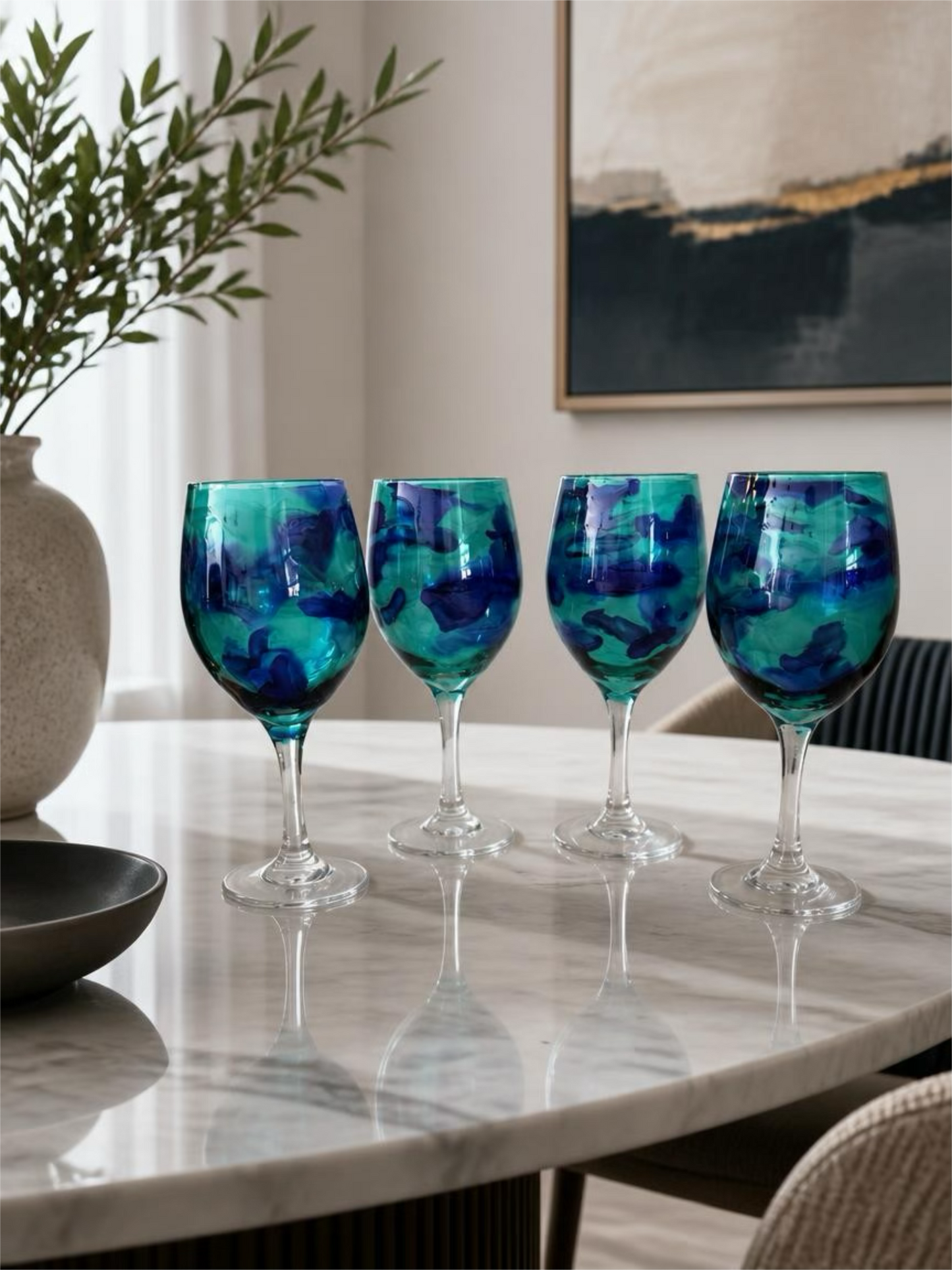 Deep Sea Marbled Wine Glass – Vibrant Blue & Teal Stemmed Glass