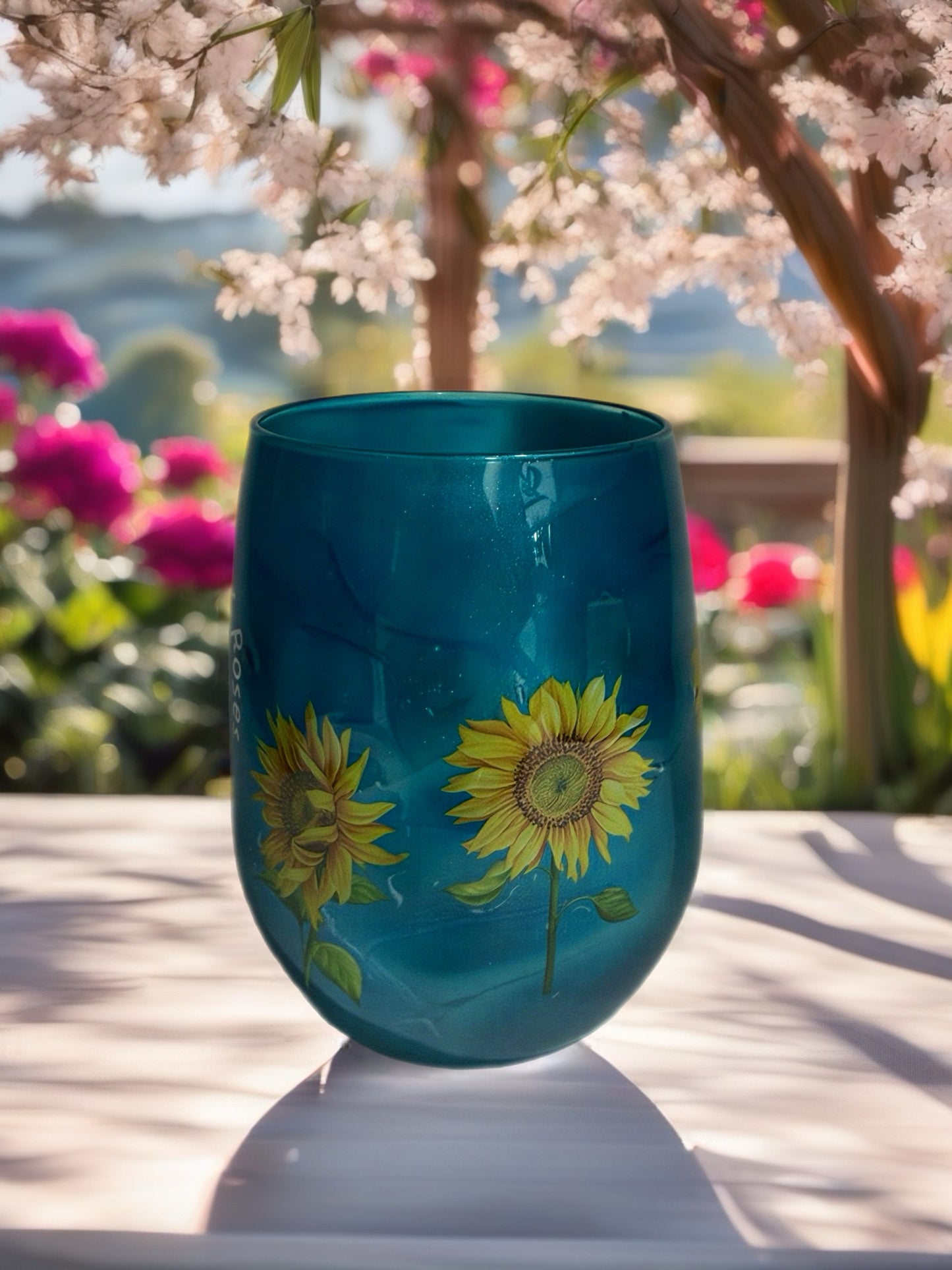 "Be A Sunflower" Teal Shimmer Stemless Glass