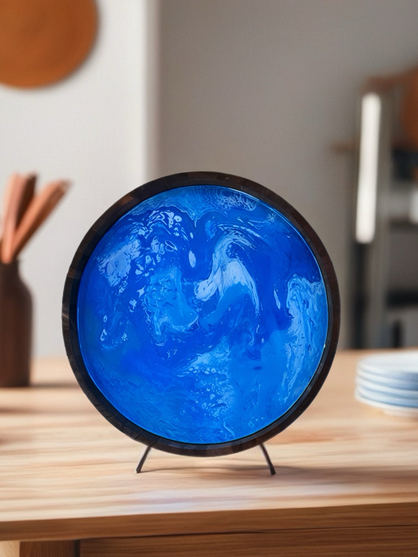 “Blue Tide Drift” 12‑Inch Handcrafted Wooden Tray