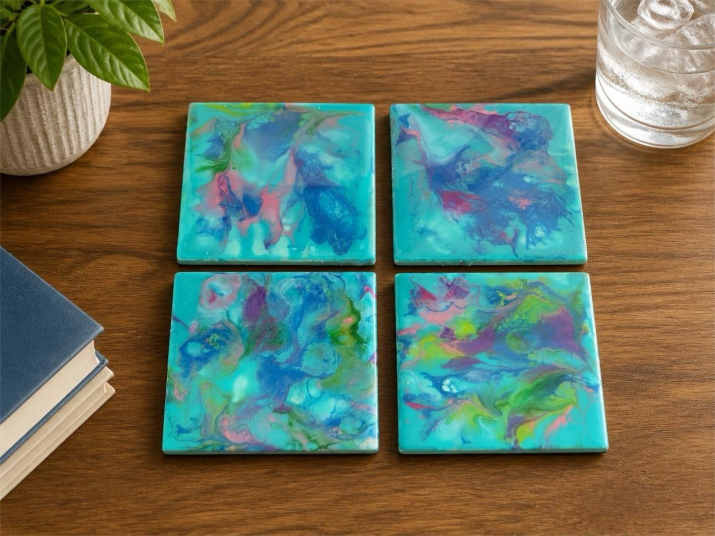 Tropical Watercolor Fluid Art Coasters – Vibrant Teal & Magenta Set