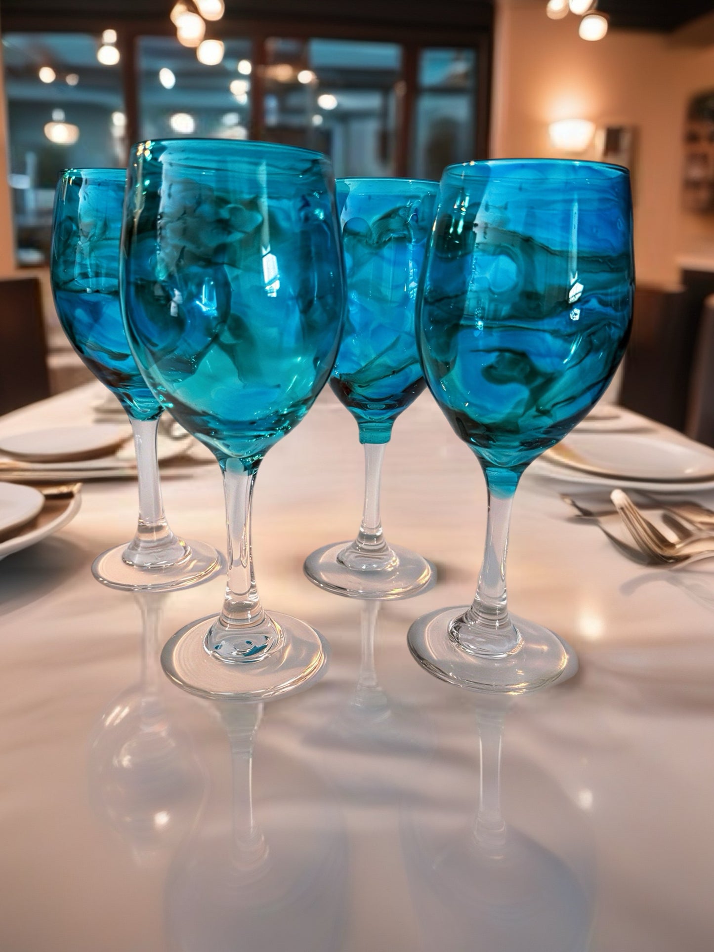 Turquoise Lagoon Fluid Art Wine Glass