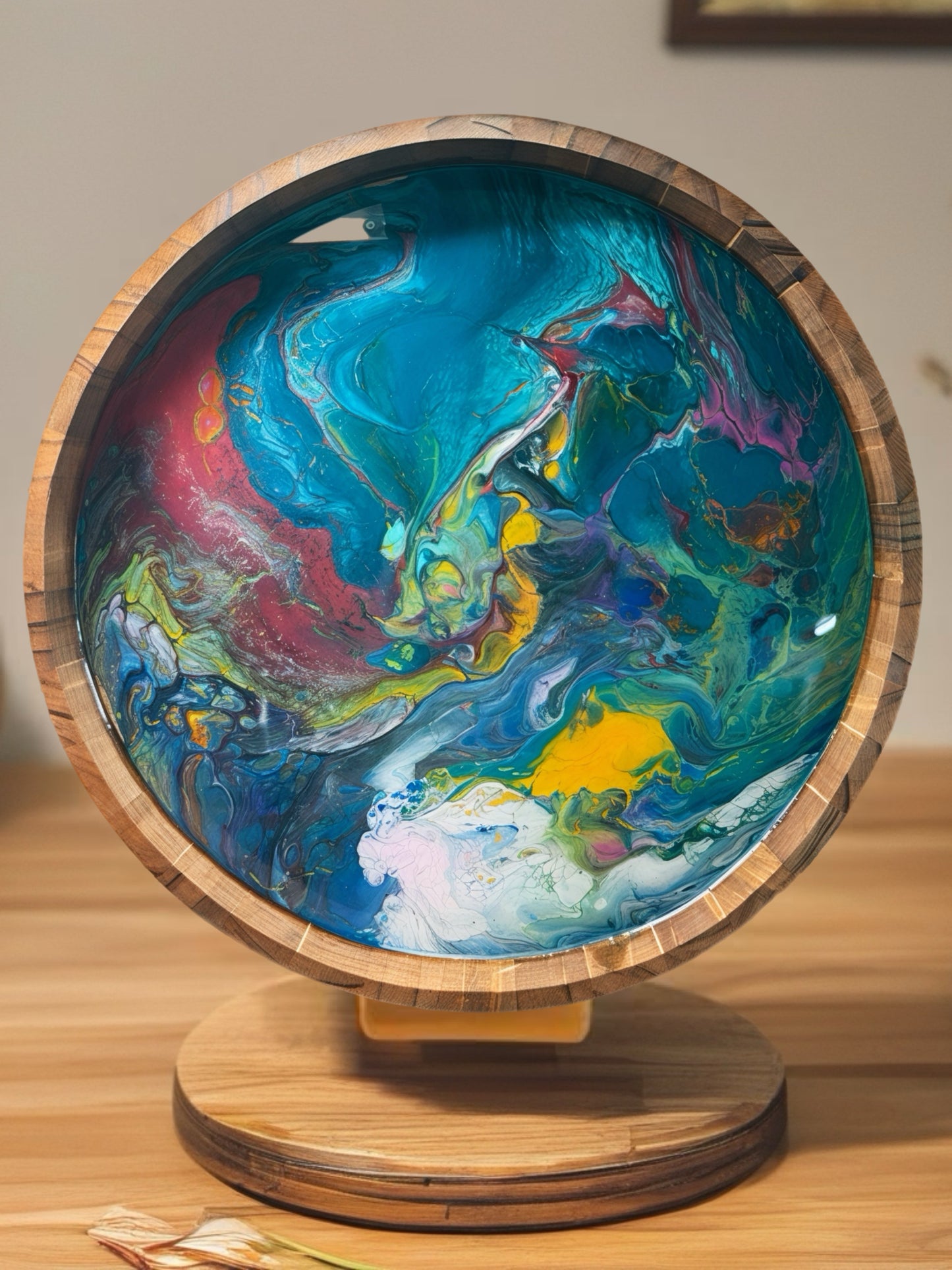"Prism Flow" Handcrafted Resin Art 14 Inch Wood Tray