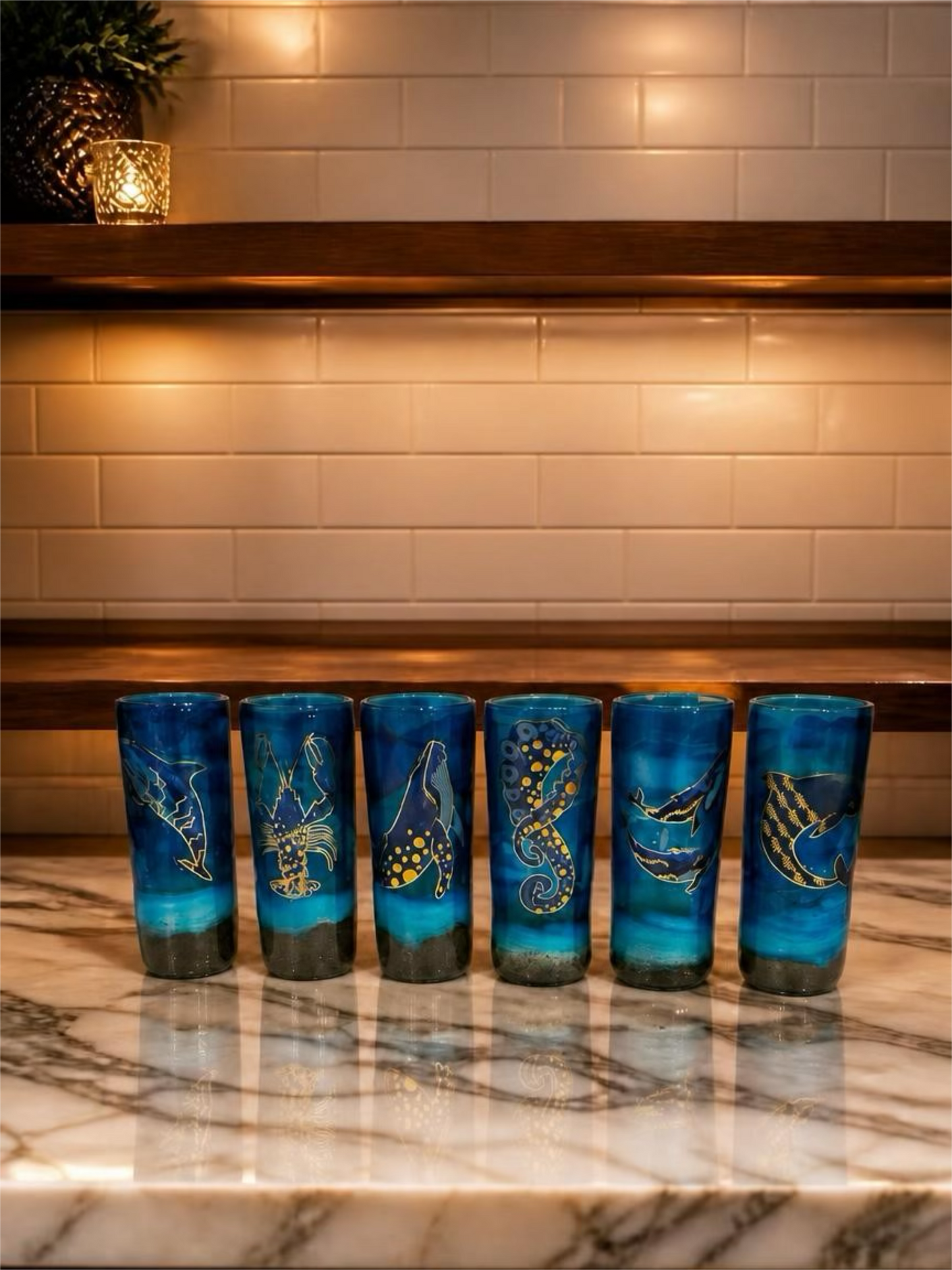 Nautical Treasures 4 Shot Glass & Custom Wooden Serving Tray Gift Set