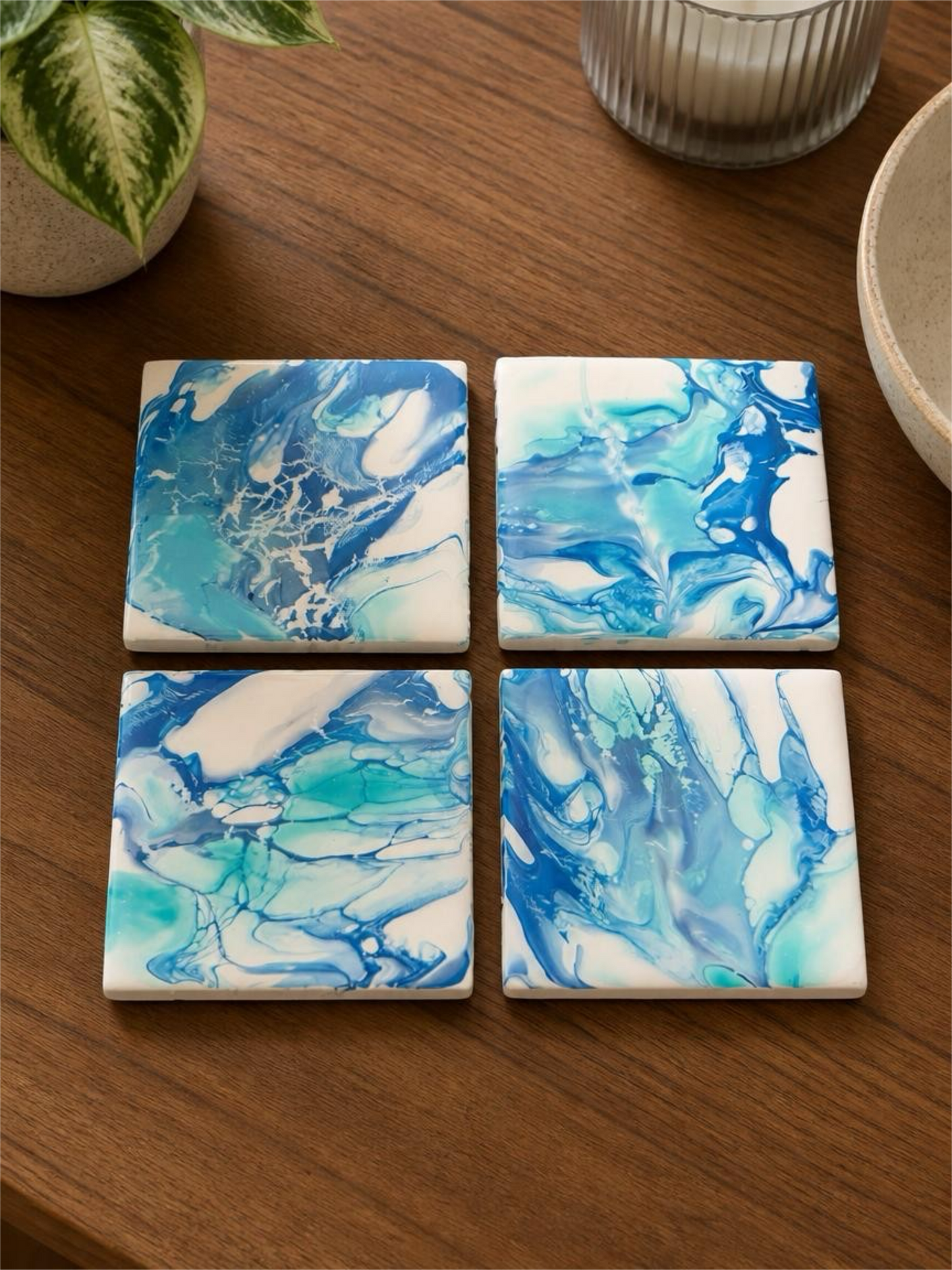 Artisan Sea Spray Acrylic Coasters – Handcrafted Ocean Swirl Drinkware