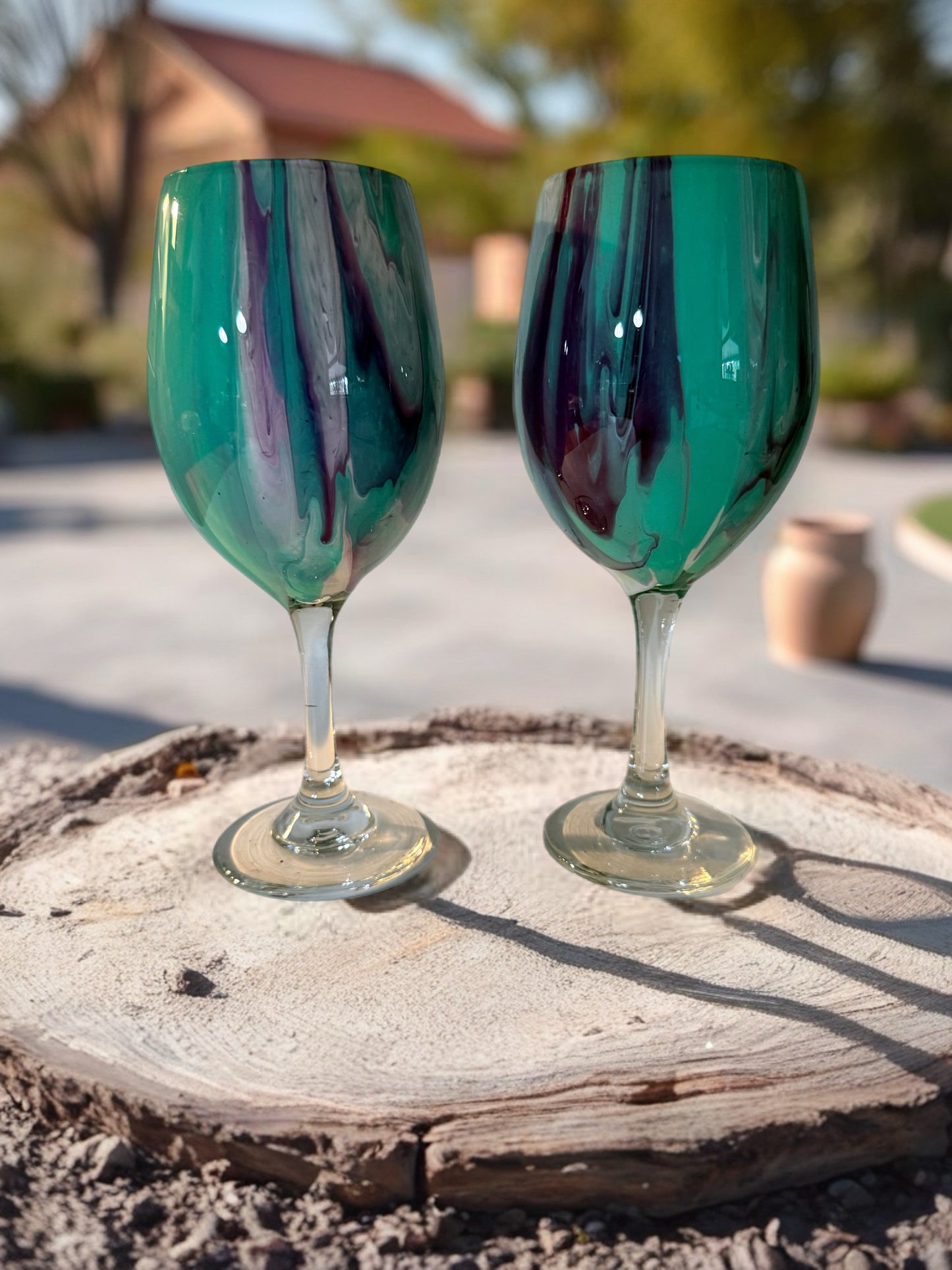 Handcrafted Turquoise & Blue Marbled Wine Glass