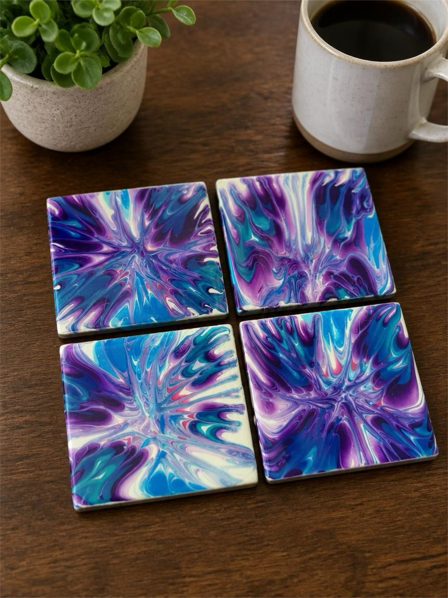Electric Bloom Resin Coasters – Purple, Aqua & Pearl Drinkware Set