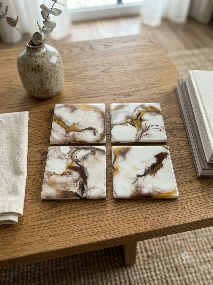 Golden Marble Acrylic Fluid Art Coasters (Set of 4)