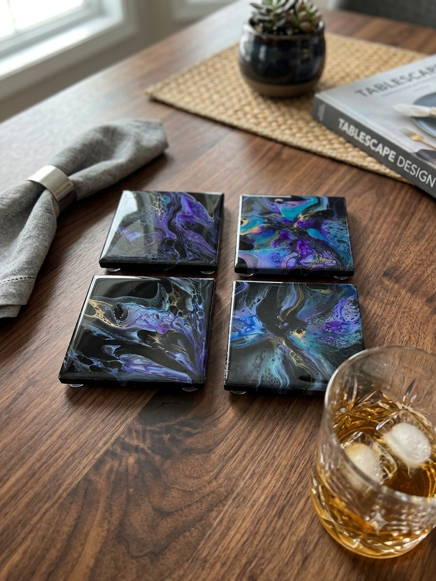 Midnight Bloom Acrylic Fluid Art Coasters (Set of 4)