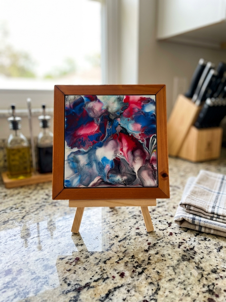 Crimson Cascade Wood-Framed Trivet