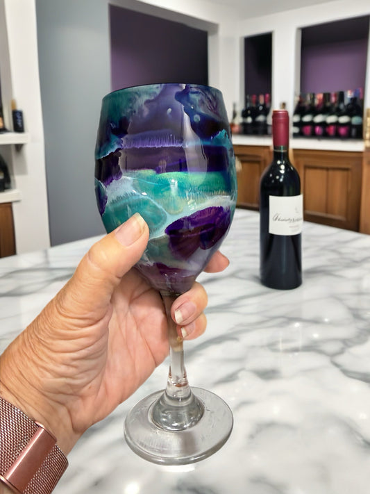 "Amethyst & Emerald" Abstract Marble Wine Glass