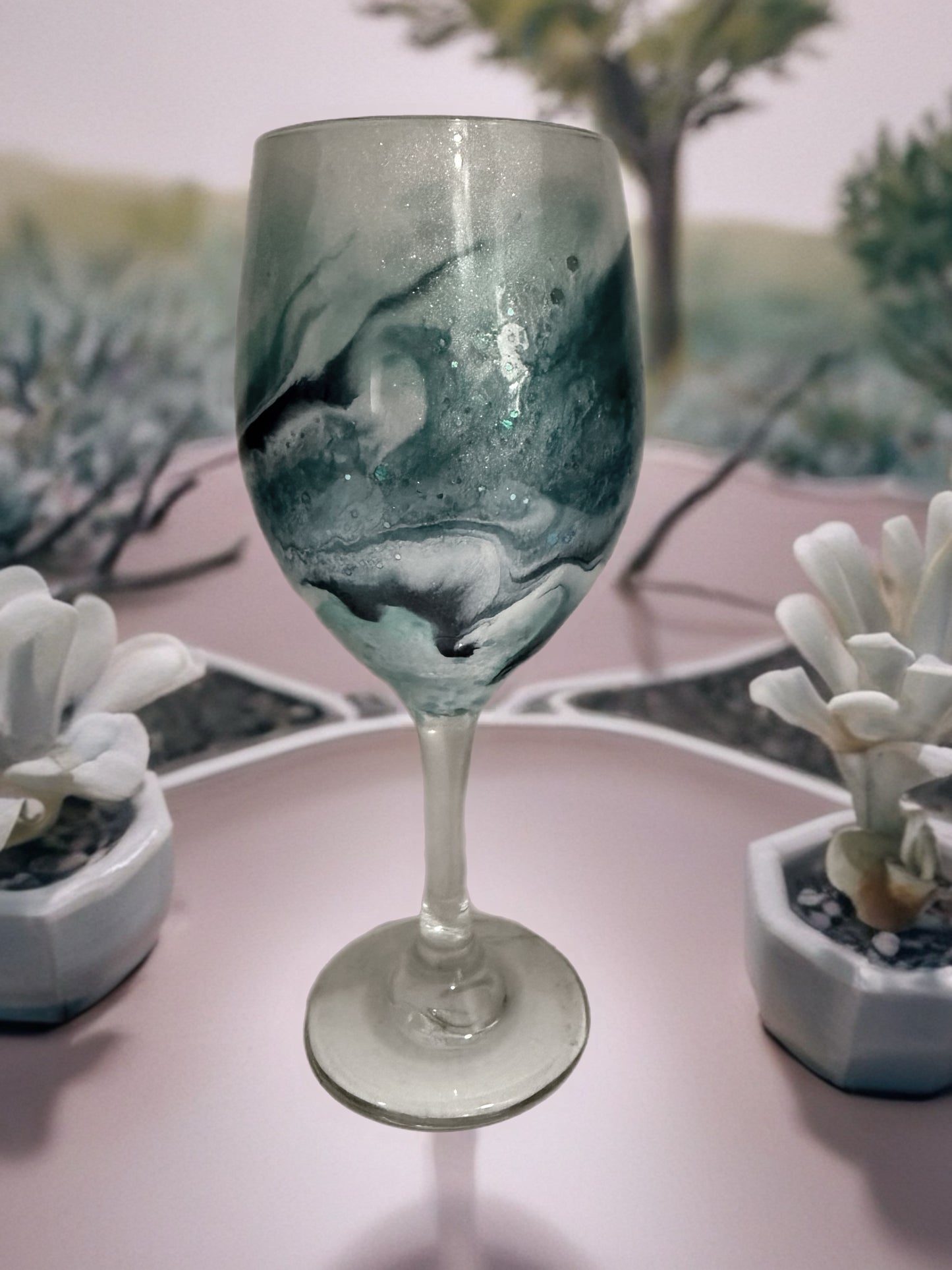 Teal Ocean Wave Glitter-Infused Hand-Painted Wine Glass