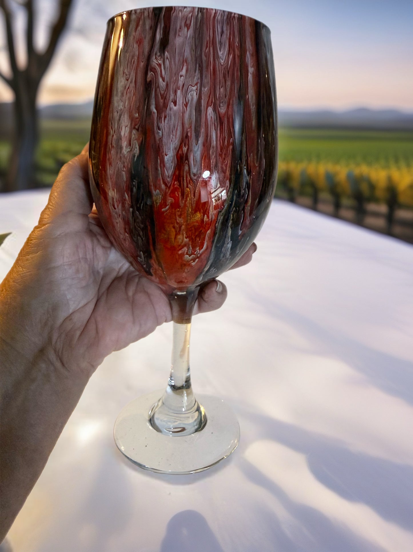 Handcrafted Red, Black & Gold Marbled Wine Glass