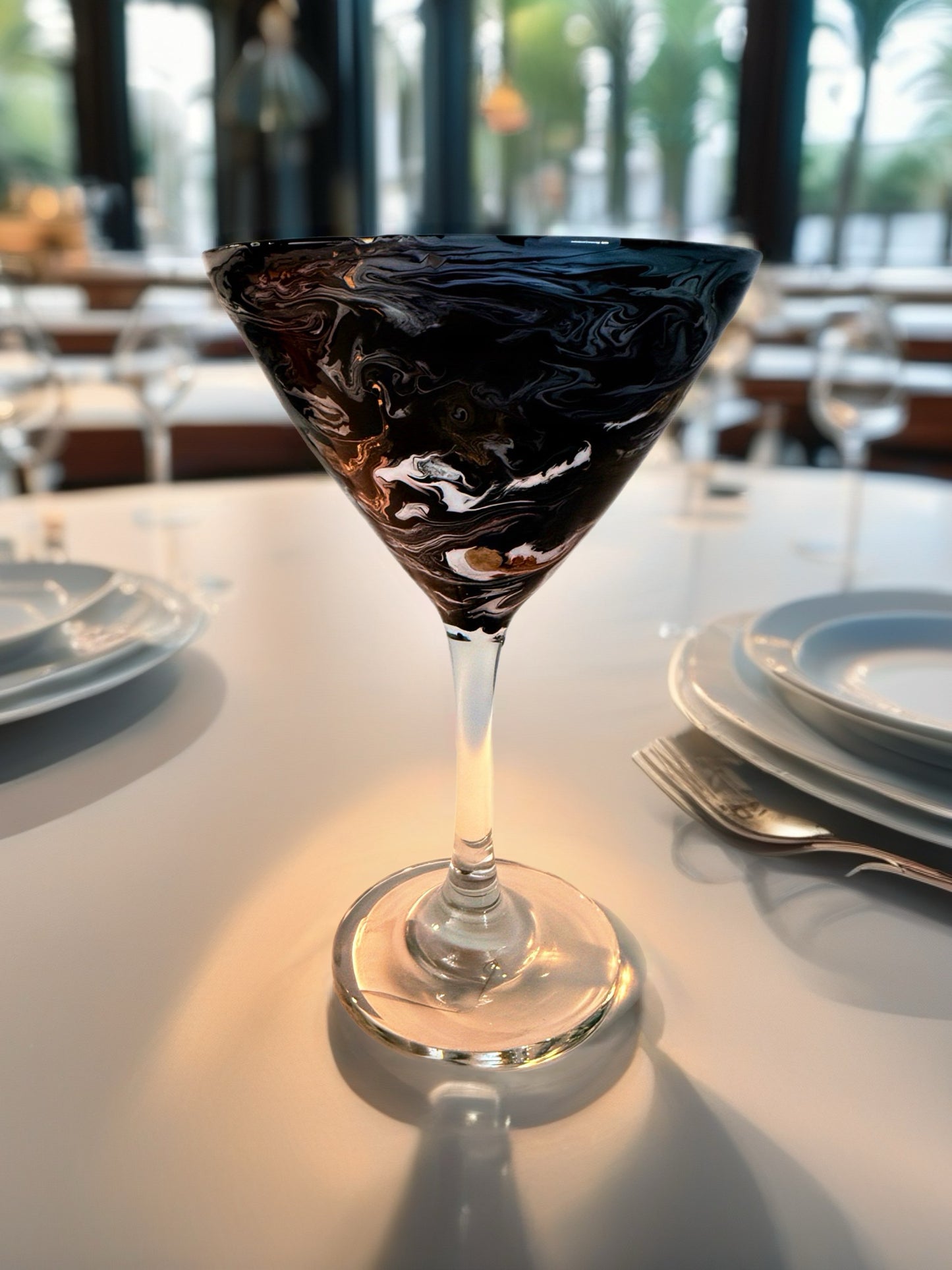 Black Obsidian Swirl Cocktail Set – Shaker with 4 Gold-Accented Martini Glasses