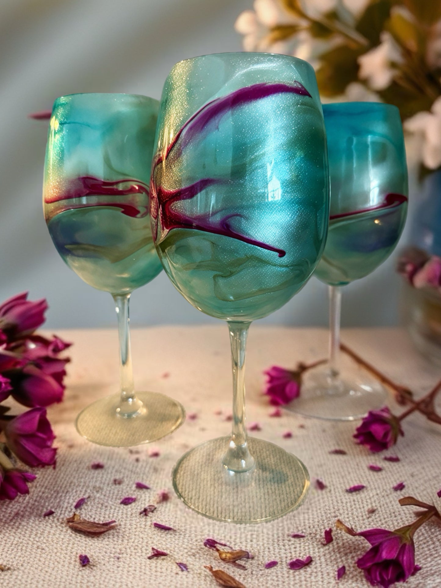 Handcrafted Teal & Magenta Marbled Wine Glass
