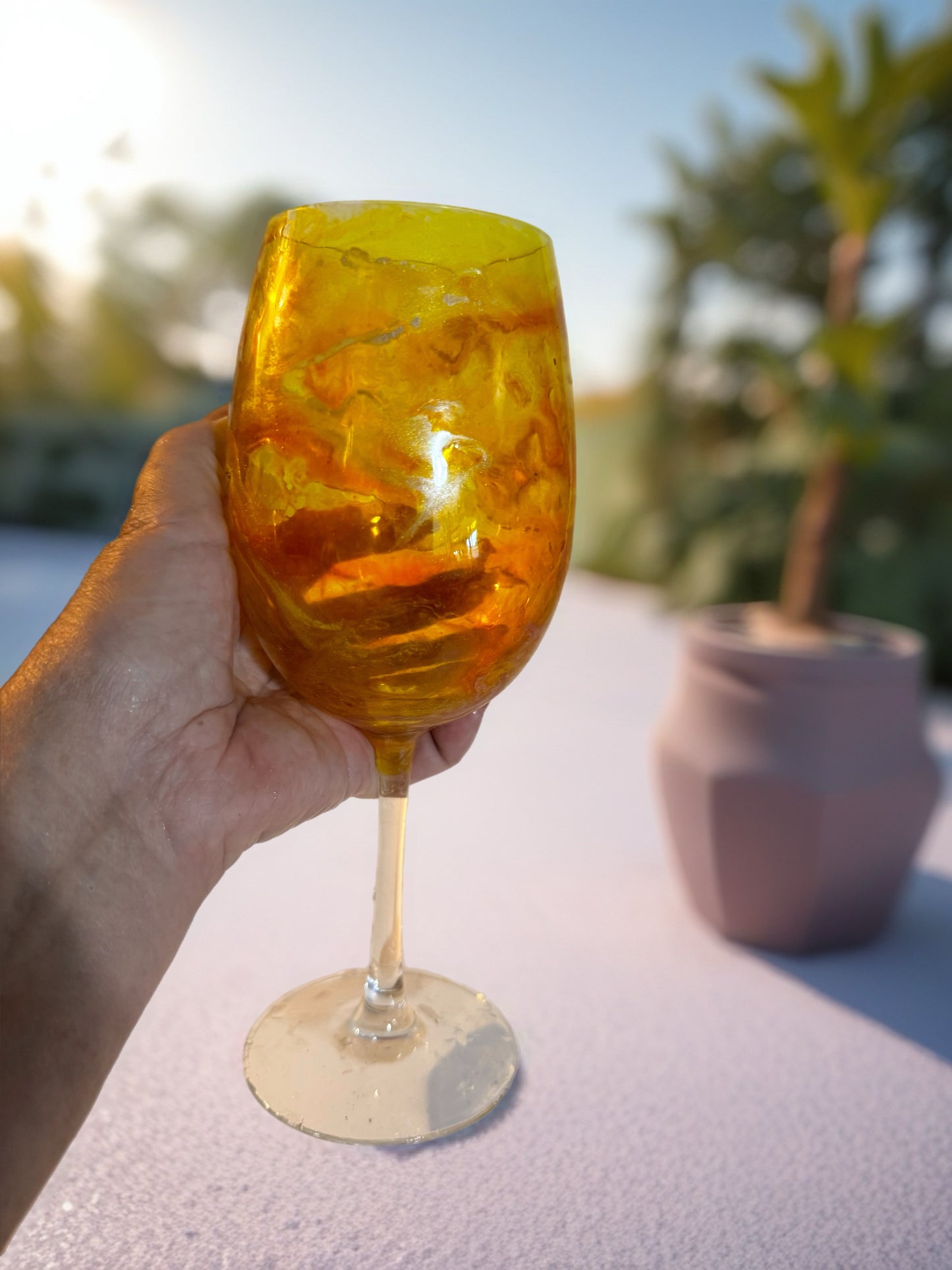 Handcrafted Amber & Gold Marbled Wine Glass