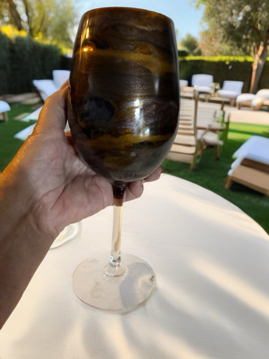 Handcrafted Brown, Gold & Bronze Marbled Wine Glass