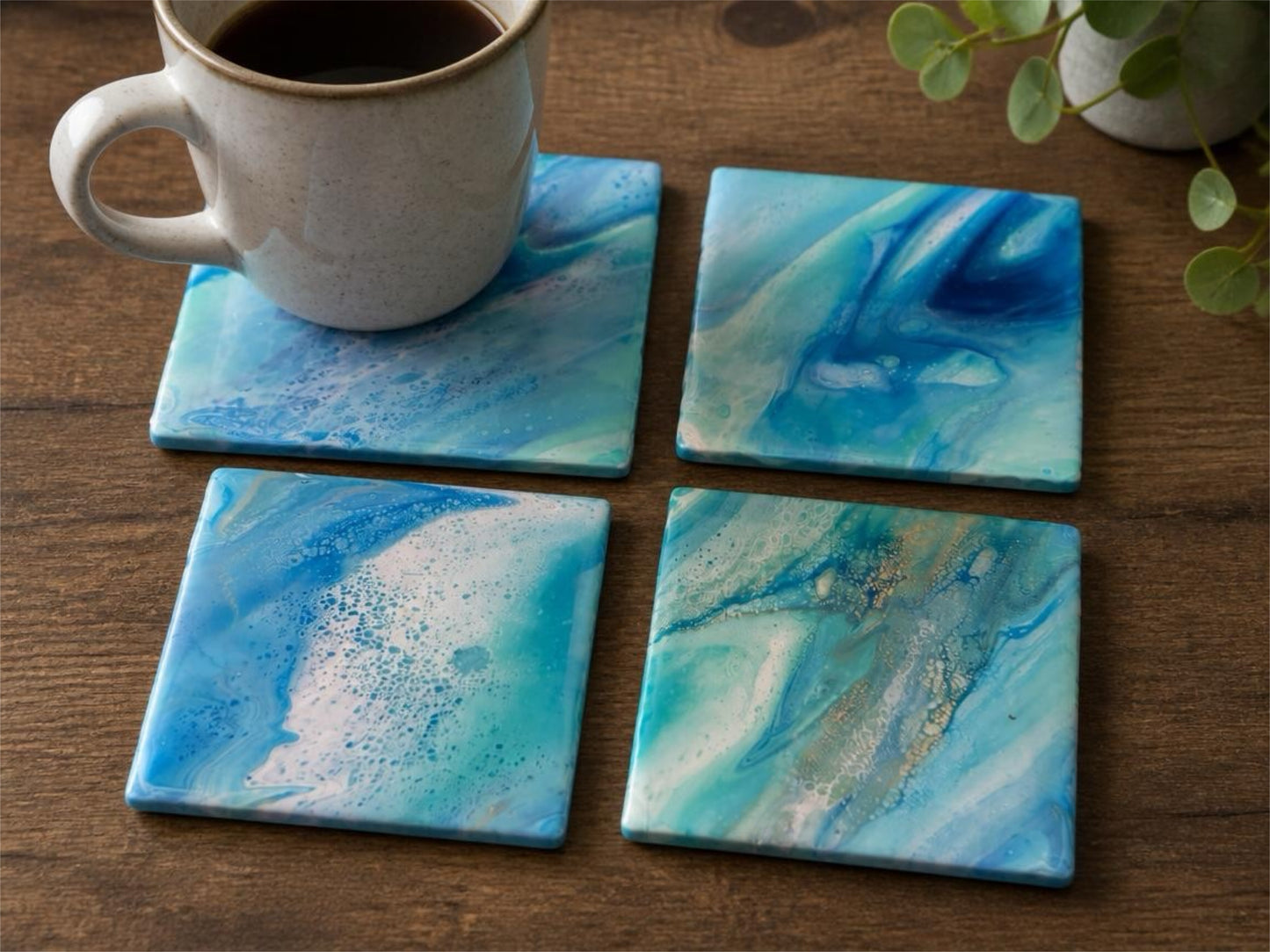 Coastal Wave Marbled Resin Coasters – Sky Blue & Pearl Drinkware
