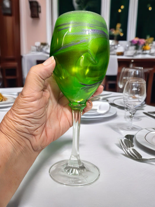 Hand-Painted Emerald & Purple Shimmer Wine Glass