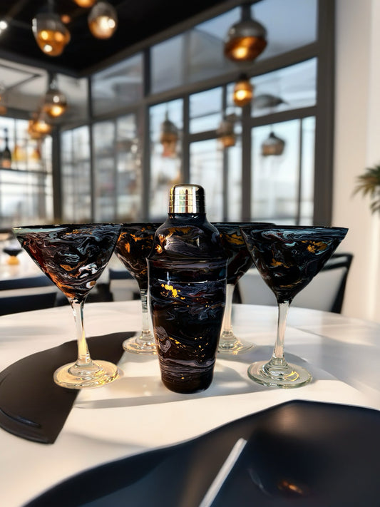 Black Obsidian Swirl Cocktail Set – Shaker with 4 Gold-Accented Martini Glasses
