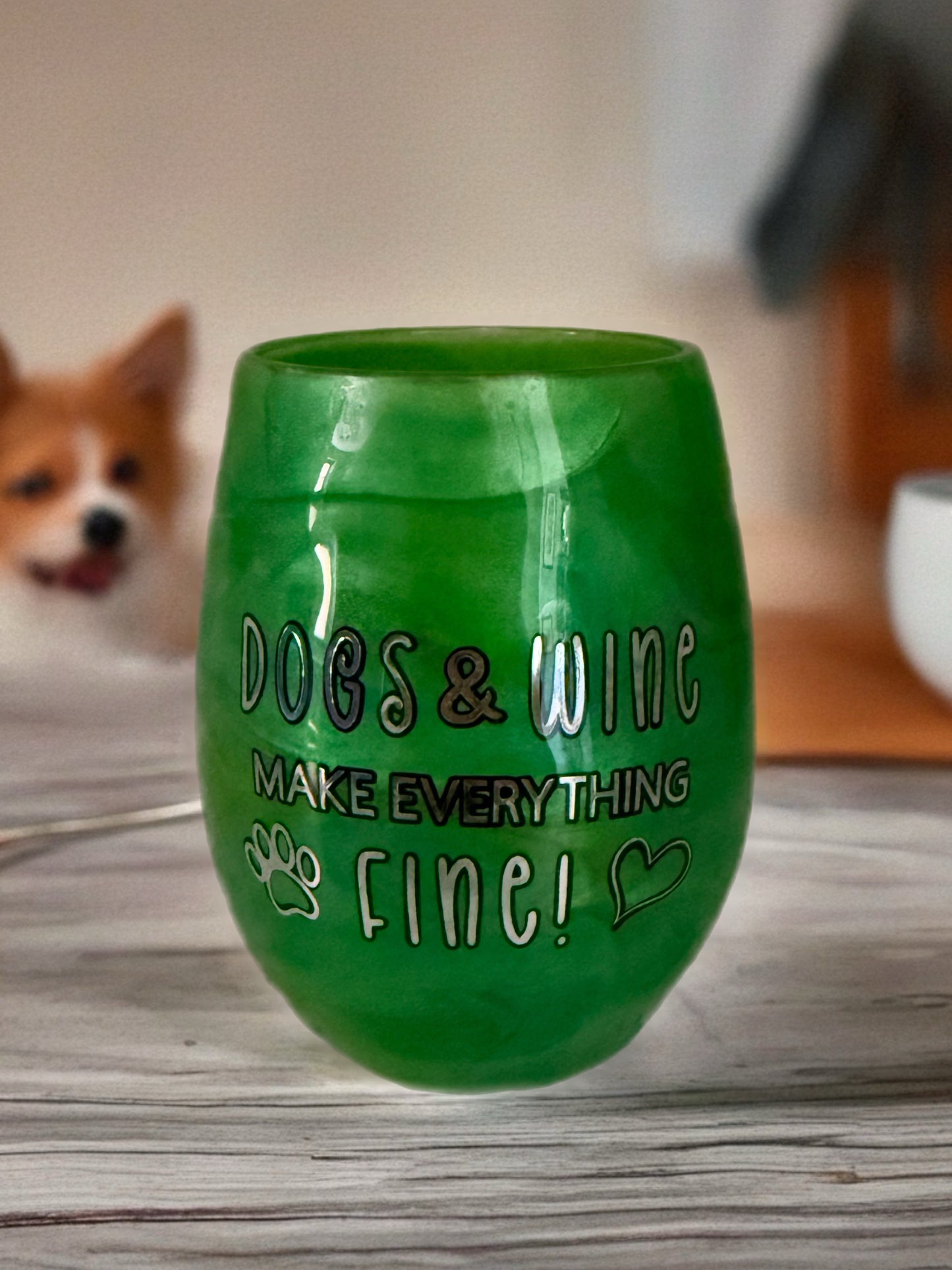 "Paws & Prosecco" Artisan Handcrafted Stemless Wine Glass