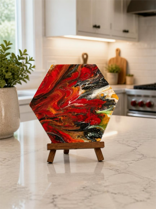 Crimson Blaze Hexagon Trivet – 9-Inch Hand-Painted Fluid Art & Resin