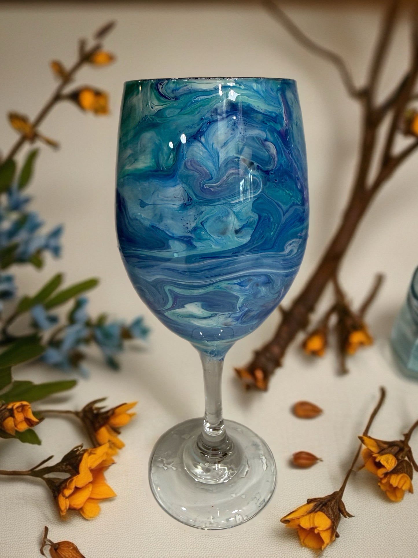 Ocean Wave Fluid Art Wine Glass – Hand-Painted Coastal Stemware