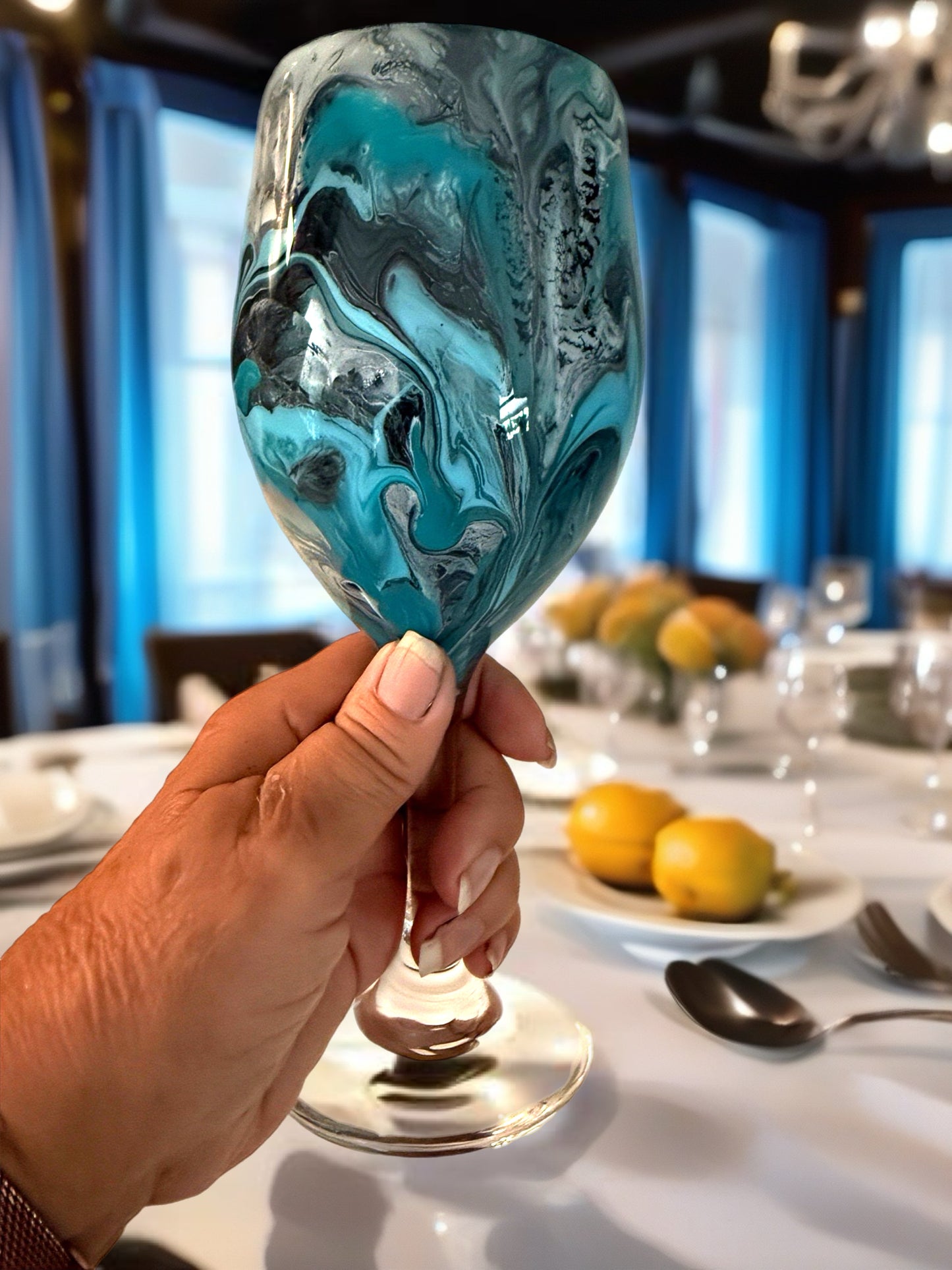 Turquoise Tide Fluid Art Wine Glass