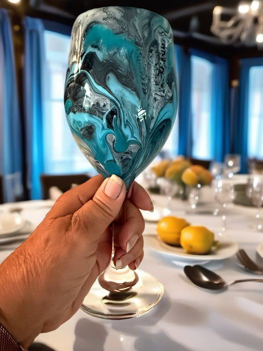 Turquoise Tide Fluid Art Wine Glass