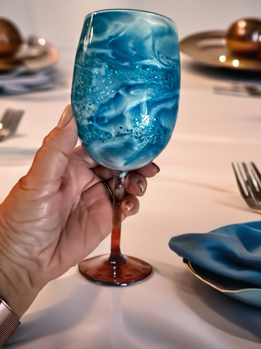 Teal Ocean Wave Glitter-Infused Hand-Painted Wine Glass
