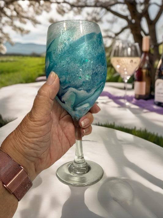 Teal Ocean Wave Glitter-Infused Hand-Painted Wine Glass