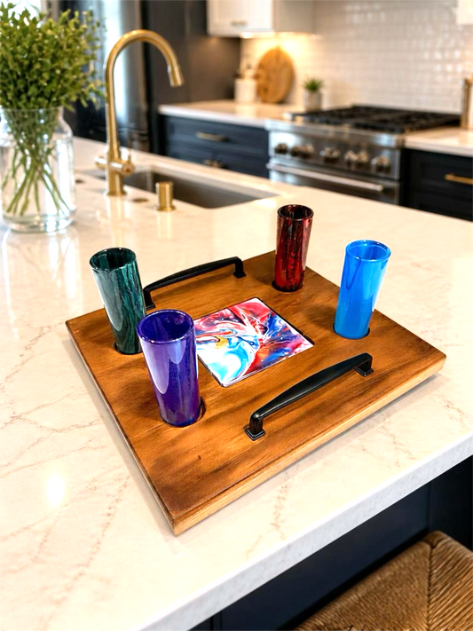 Prism Swirl Shot Glass Flight Set – 4 Glassware Collection & Custom Wood Tray