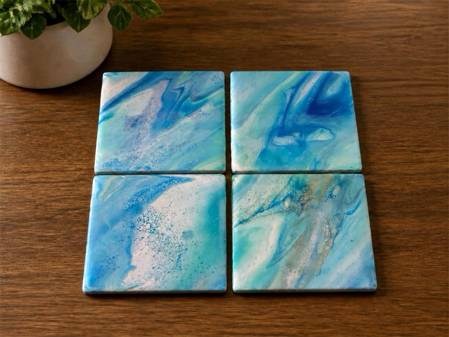 Coastal Wave Marbled Resin Coasters – Sky Blue & Pearl Drinkware