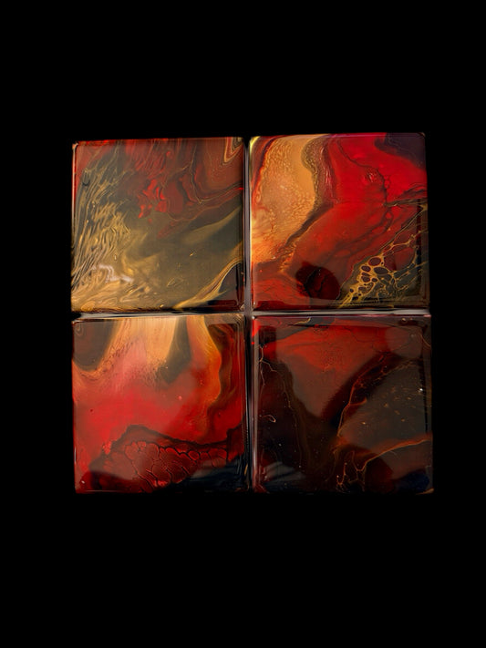 Crimson Ember Hand-Painted Resin Coaster Set (4-Piece)