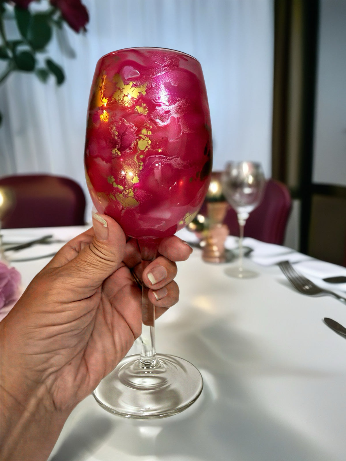Ruby Velvet Gold Leaf Hand-Painted Wine Glass