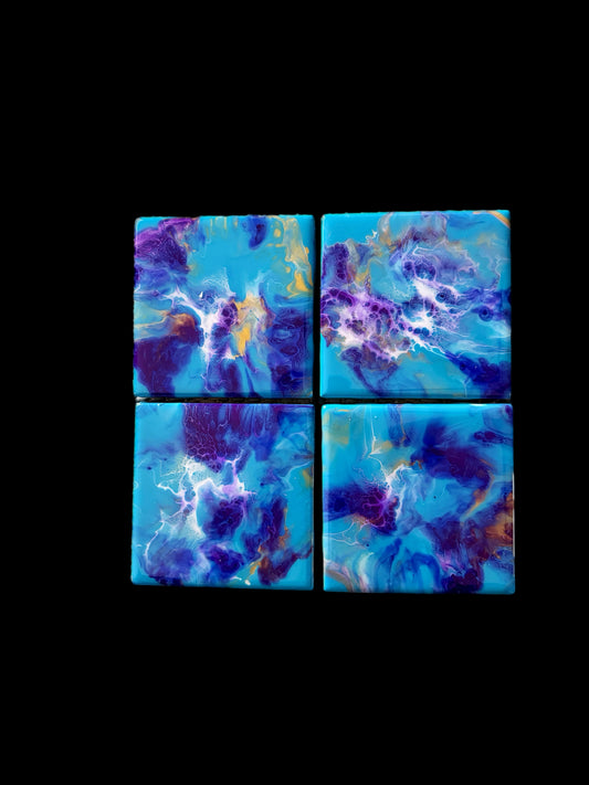 Electric Aqua & Violet Hand-Painted Resin Coaster Set (4-Piece)