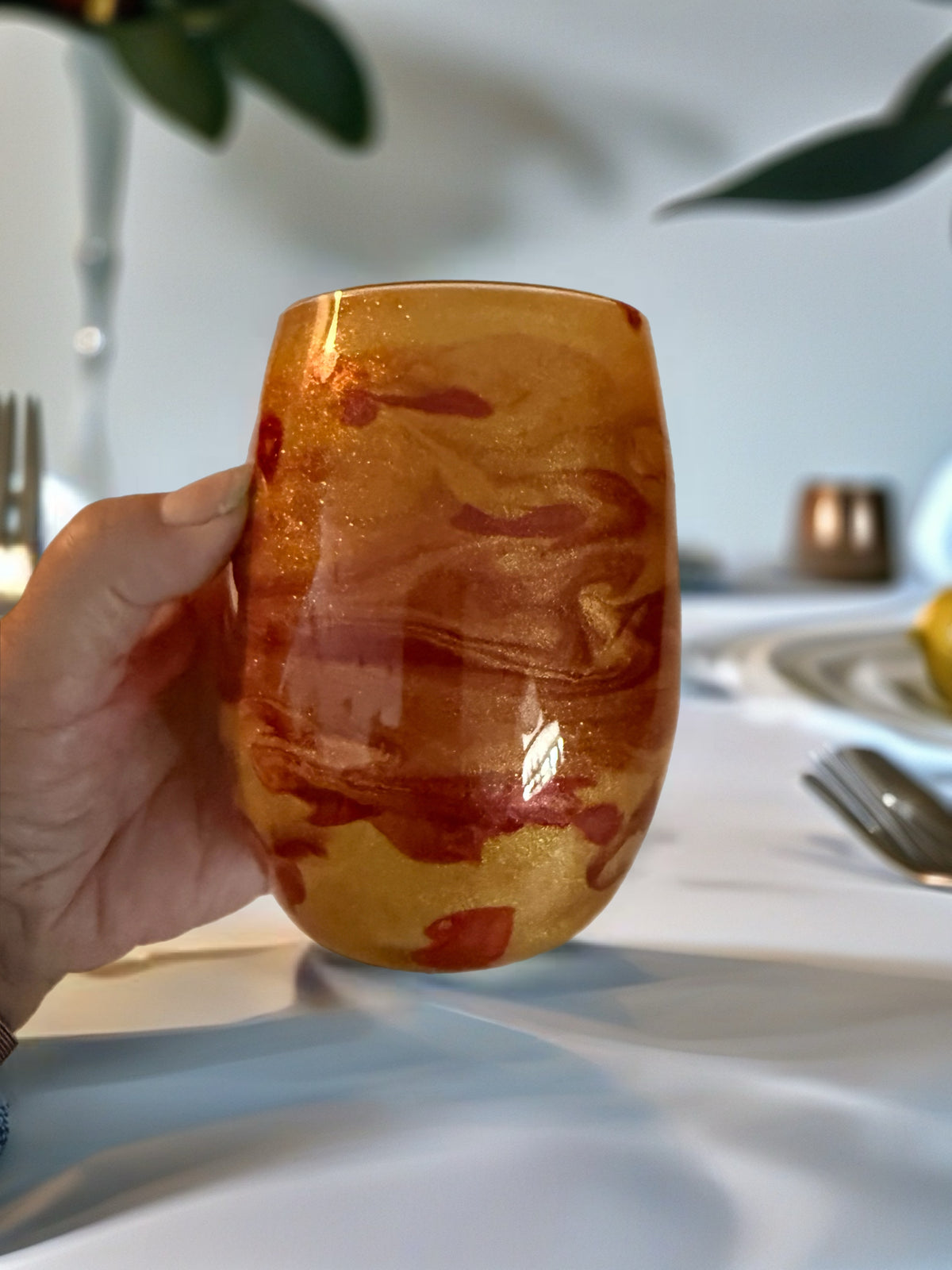 Copper Amber Shimmer Hand-Painted Stemless Wine Glass