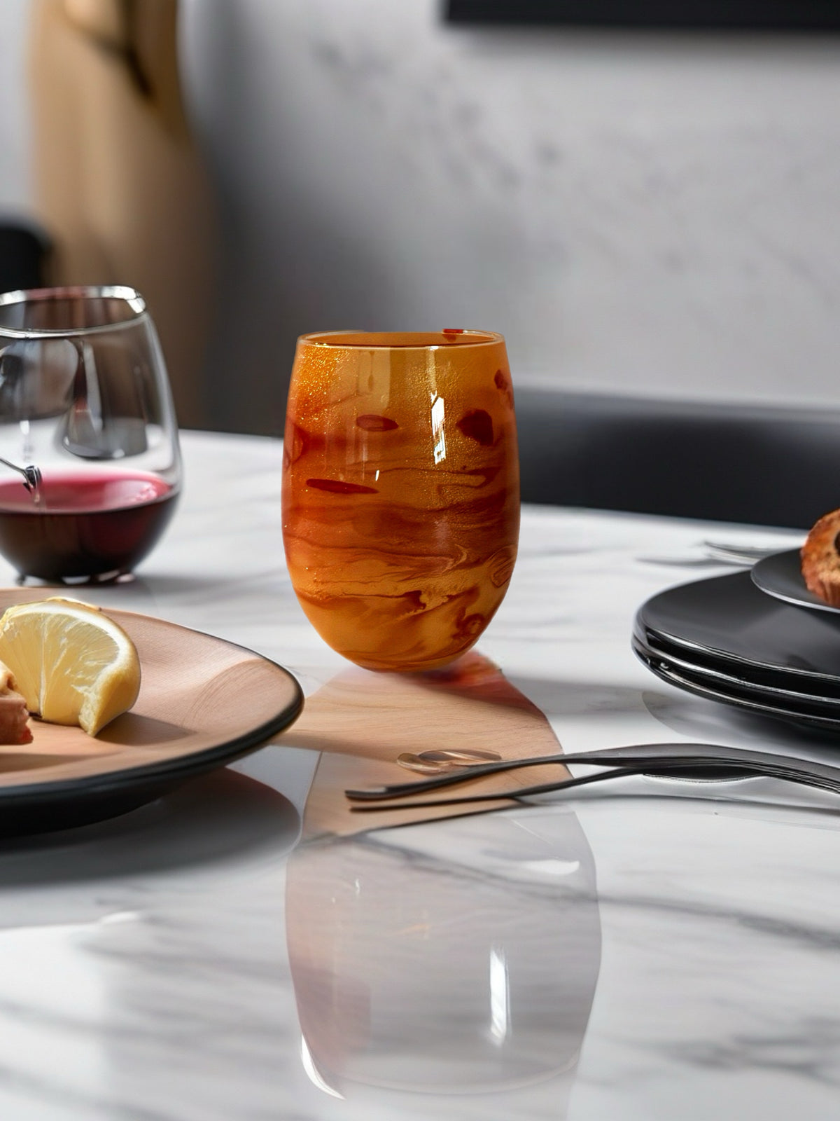 Copper Amber Shimmer Hand-Painted Stemless Wine Glass