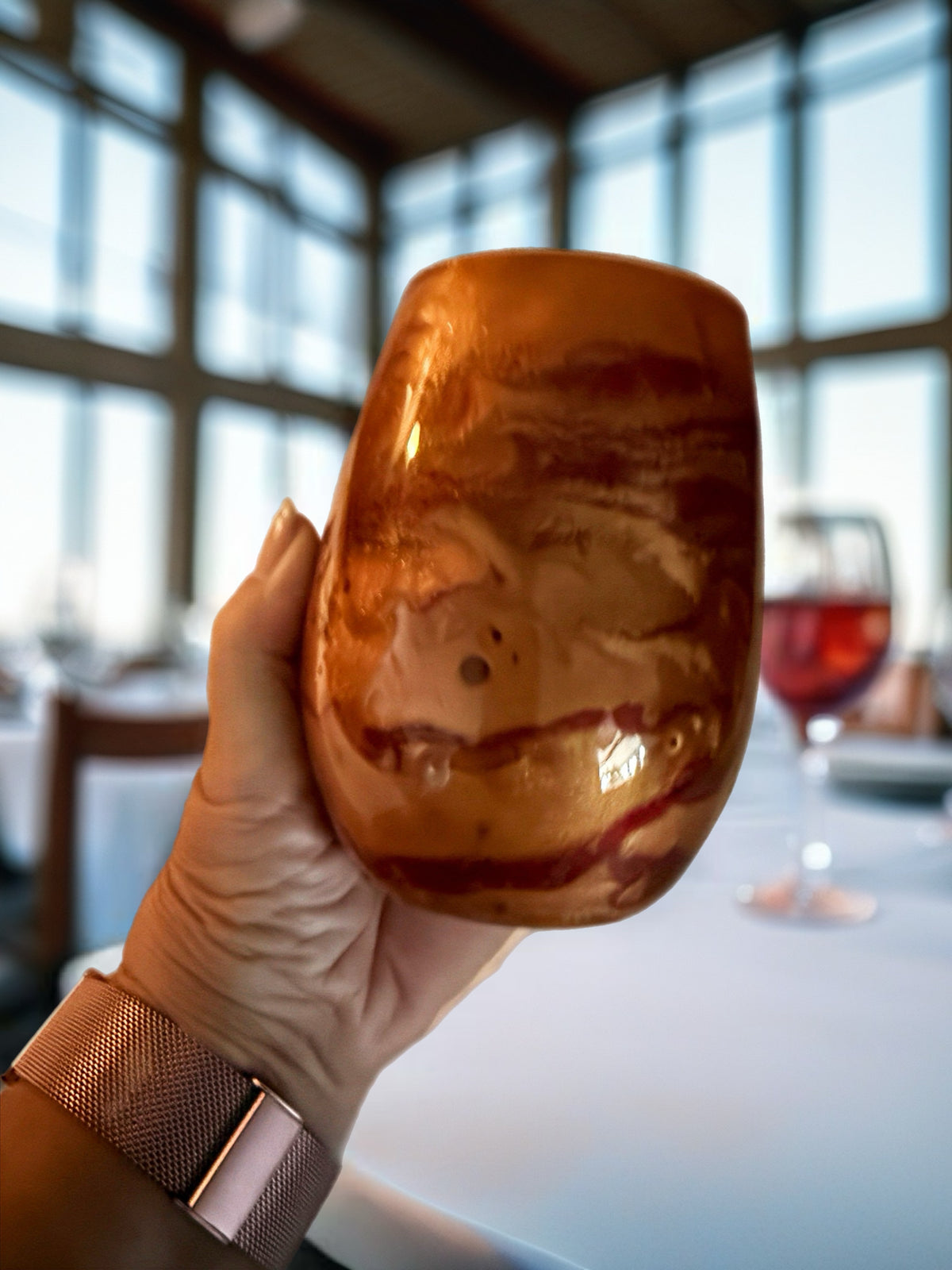 Copper Amber Shimmer Hand-Painted Stemless Wine Glass