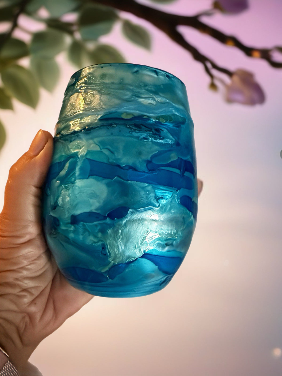 Ocean Current Textured Hand-Painted Stemless Wine Glass